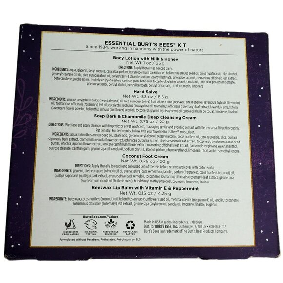 New Burt's Bees Essentials Kit Lotion Salve Cleanser Cream Lip Balm Travel Sizes - Picture 2 of 5